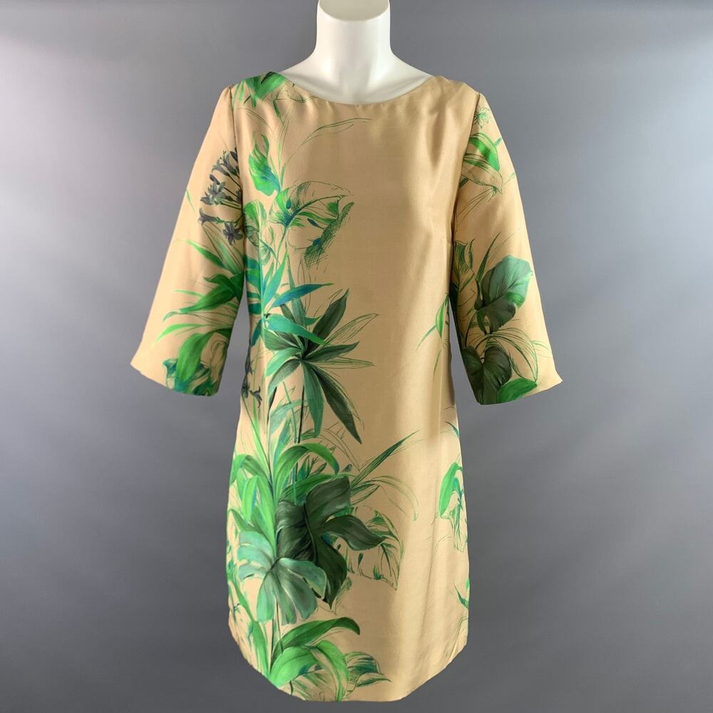NATAN COLLECTION Size 8 Beige Green Silk Leafs Shift Knee Length Dress